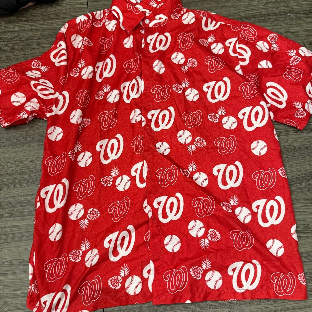 Washington Nationals Men's Red Button-Down Shirt | Allover Logo Print | Game Day